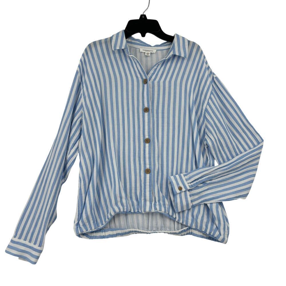 Beach Lunch Lounge Crop Blouse Size M Blue White Stripe Button‎ Up Gauzy Cotton